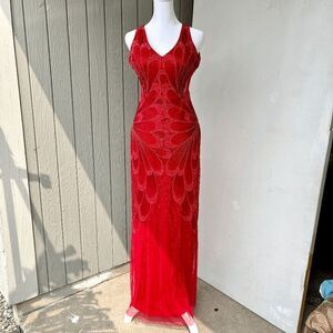 Adrianna Papell Red Beaded Gown Size 0 – Gatsby Art Deco Formal Open Back